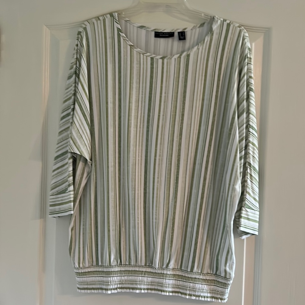 Susan Graver Weekends top. Green and white stripe. NWOT. Medium